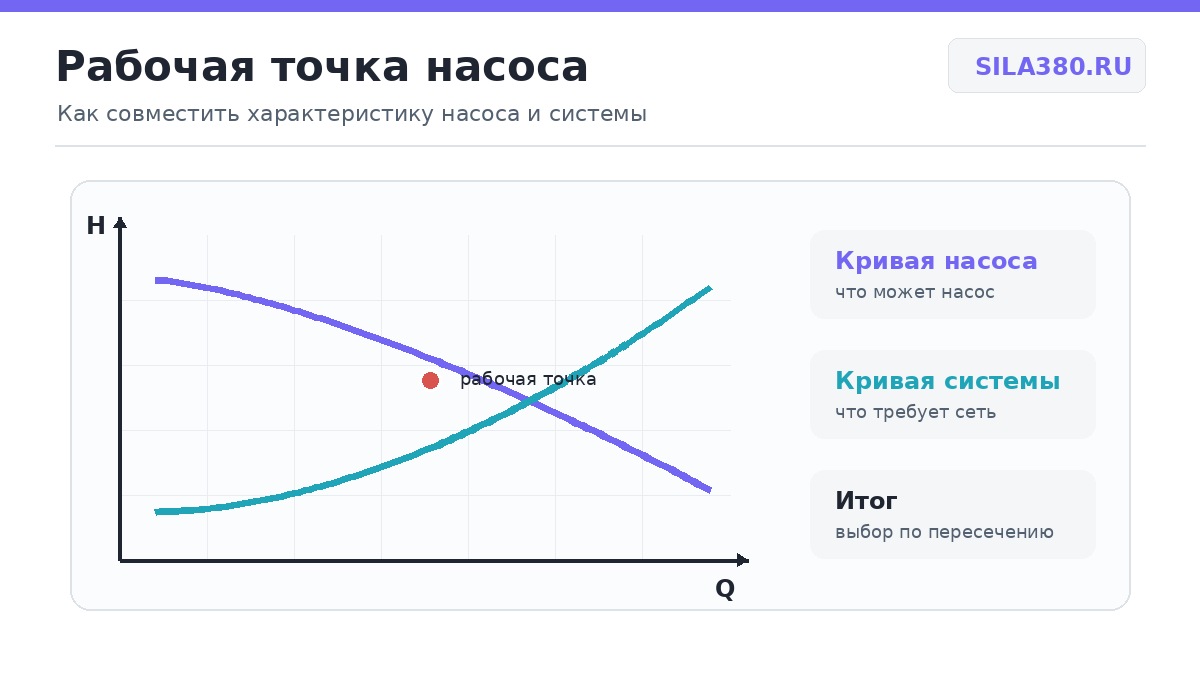 Рабочая точка получается на пересечении кривой насоса и характеристики системы